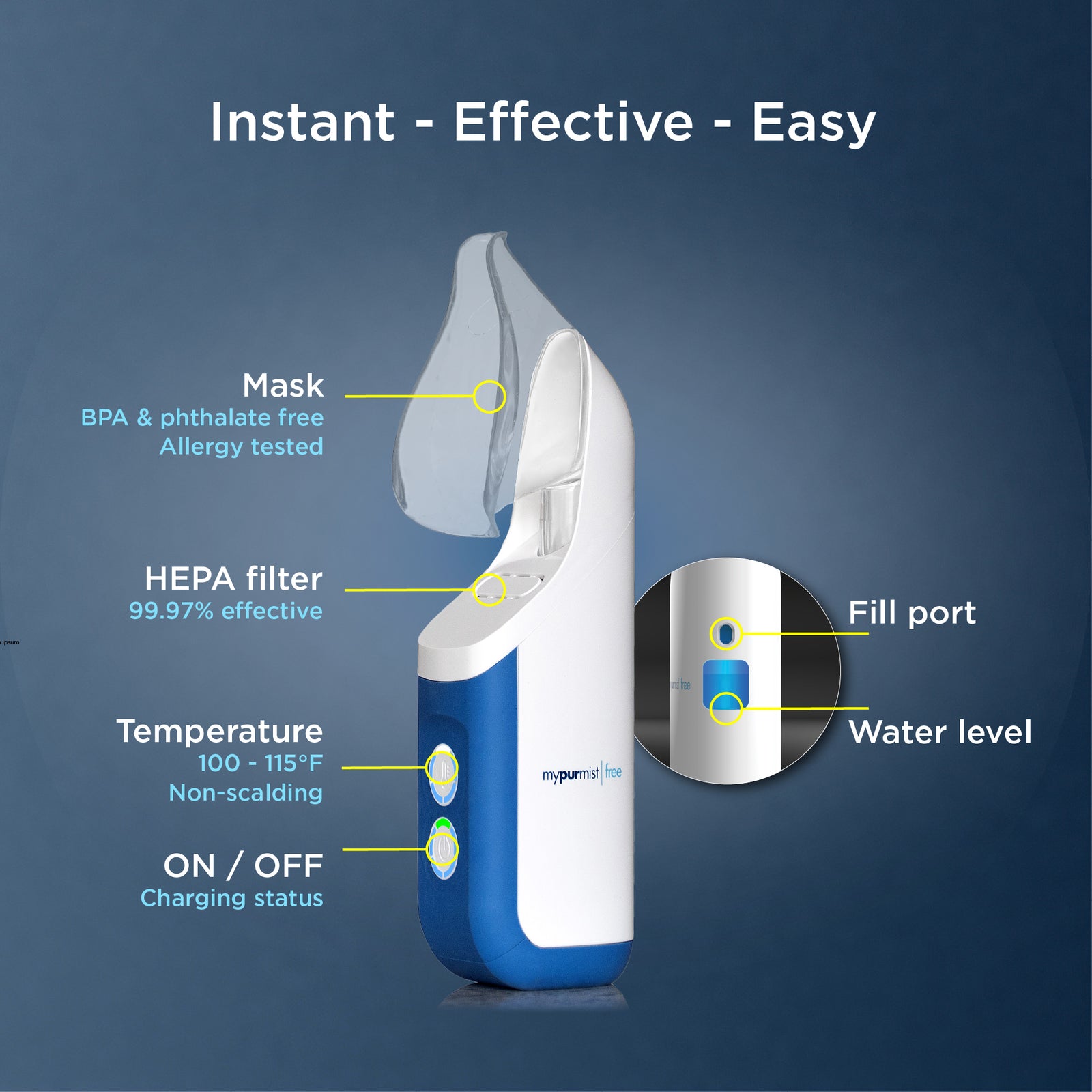 Mypurmist Free® cordless ultrapure steam inhaler® / humidifier / vaporizer
